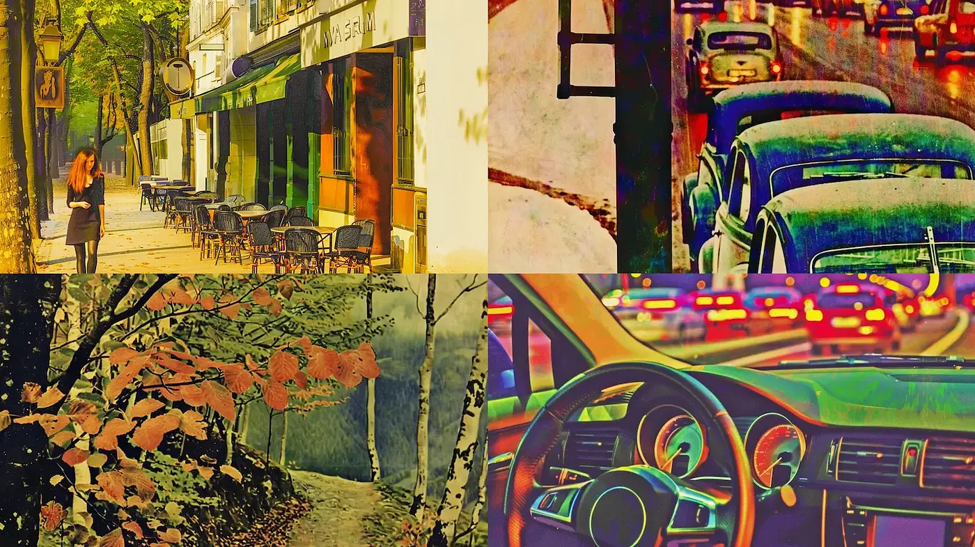 Eclectic blend of urban and natural scenes with vivid color play - Midjourney sref style