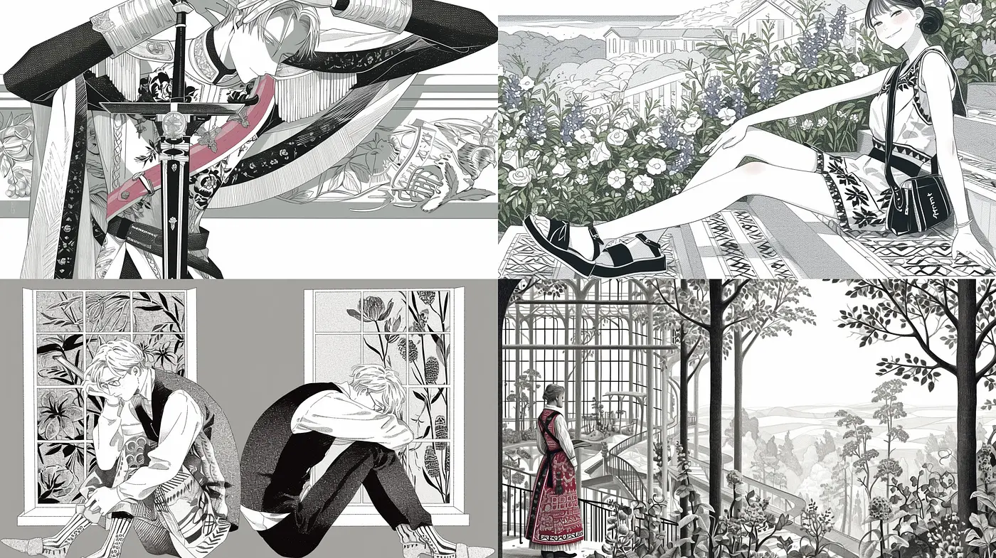 Monochromatic Manga-inspired Illustrative Fusion with Ethereal Overtones - Midjourney sref style