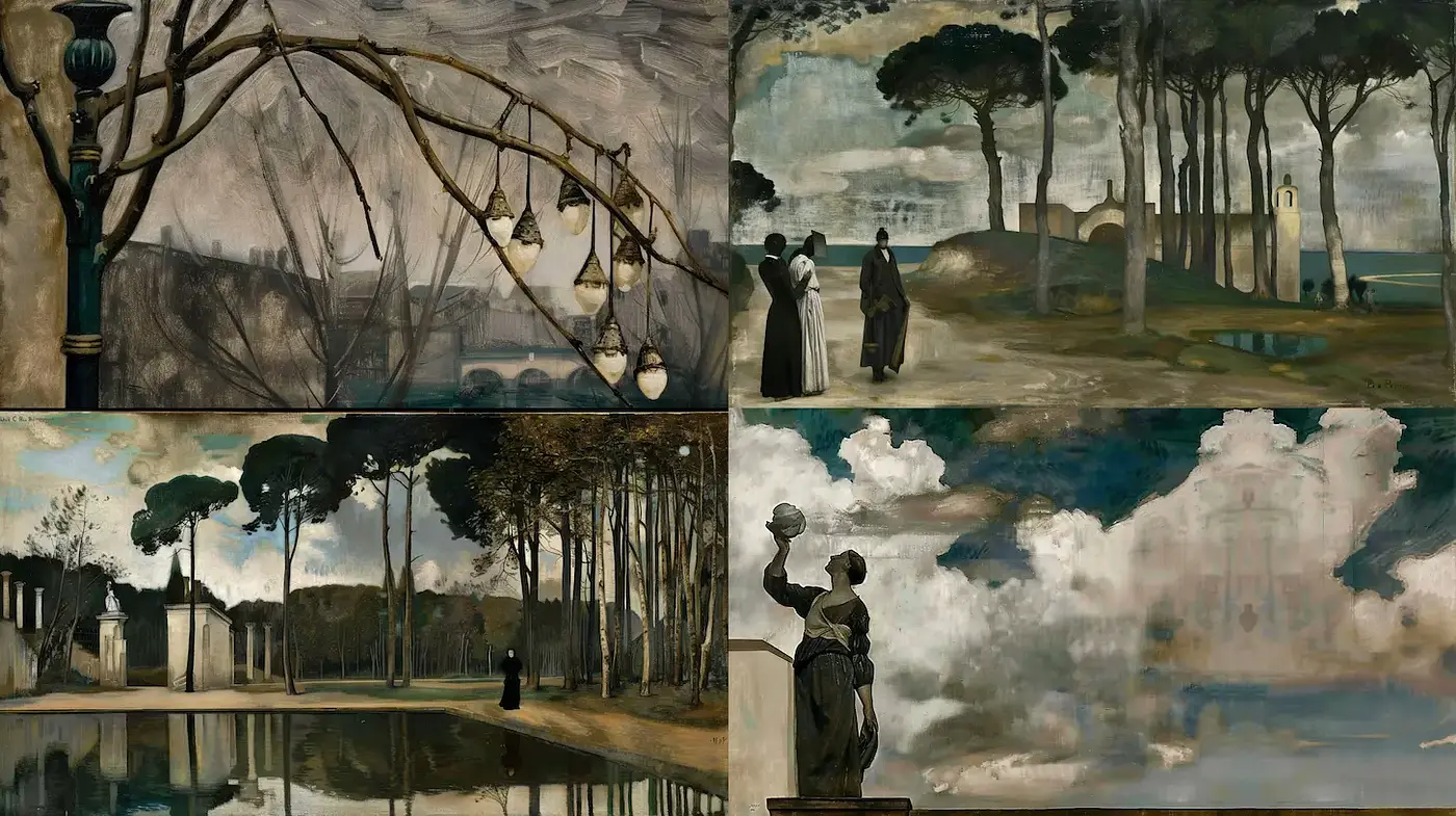 Misty Landscapes with Art Nouveau Influences and Monochromatic Palette - Midjourney sref style