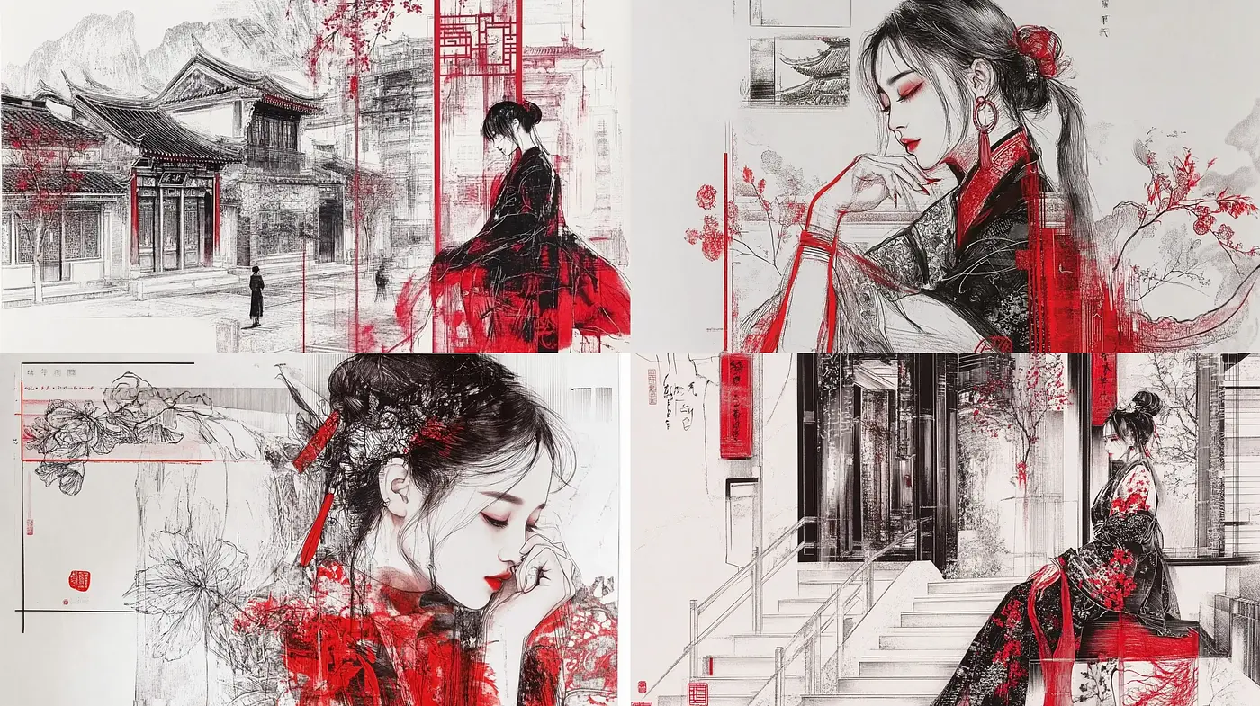 Elegant Fusion of Traditional Asian Ink Art and Modern Illustration - Midjourney sref style