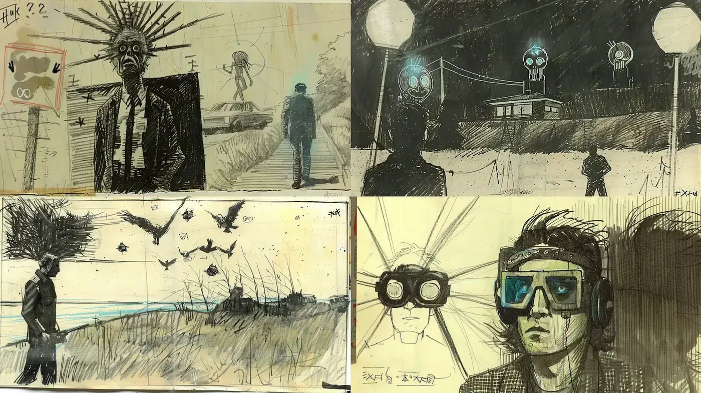 Surreal Graphic Novel Panache with a Monochromatic Twist - Midjourney sref style