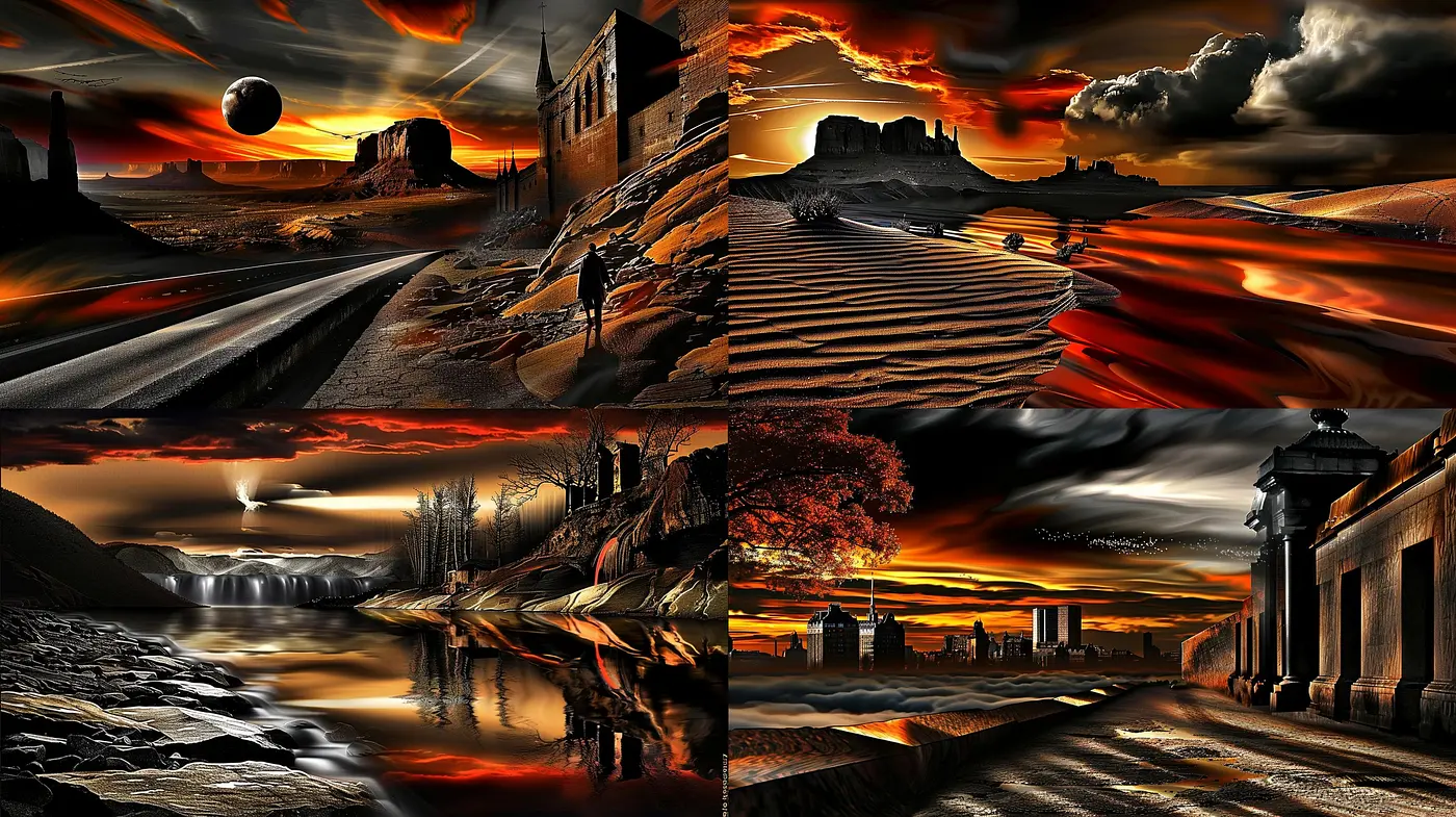 Surreal Dusk Silhouettes: A Warm Tonal Dance of Shadows and Highlights - Midjourney sref style