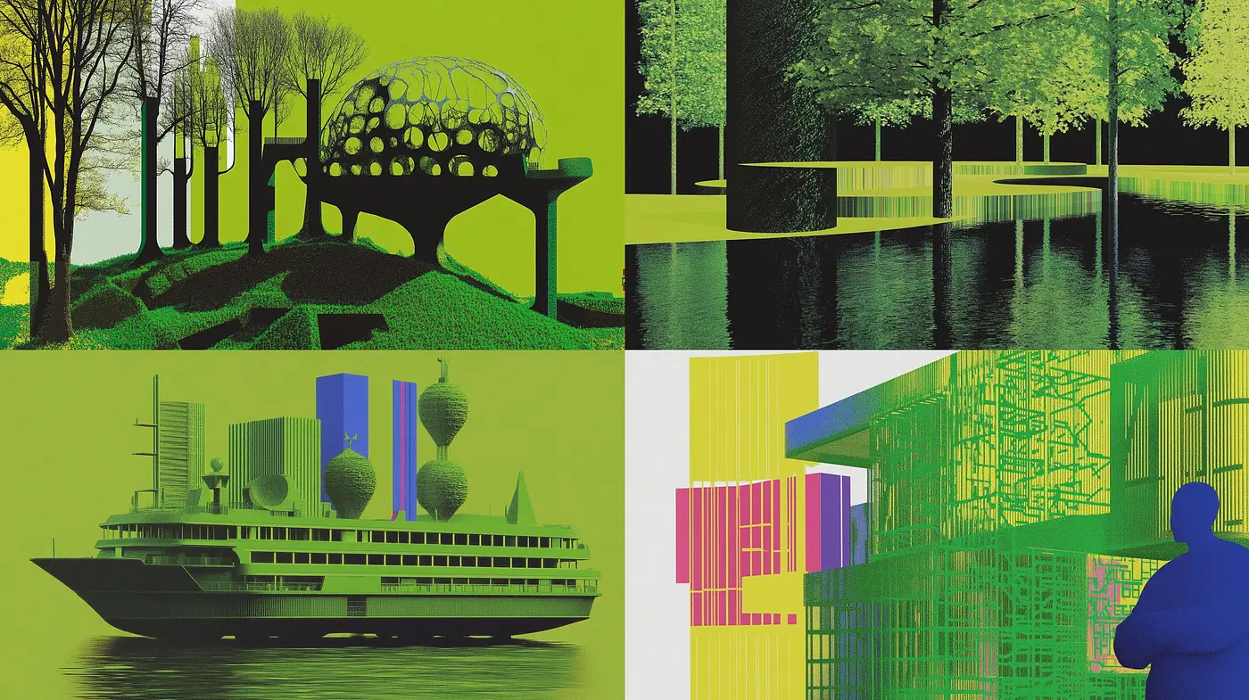 Luminous Architectural Dreamscapes in Vivid Greens - Midjourney sref style