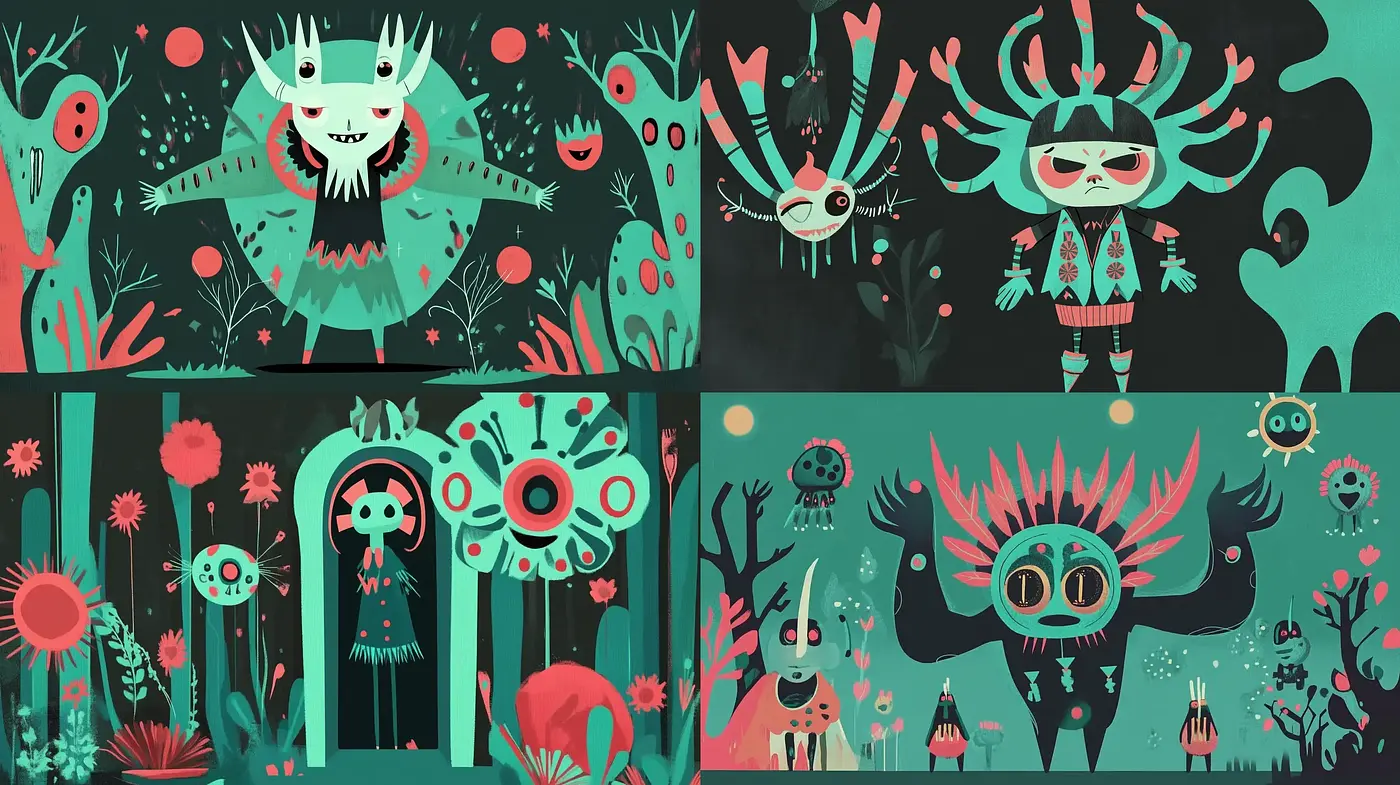 Mystical Garden of Aquatic Hues: A Synthesis of Folk Art and Surrealism - Midjourney sref style