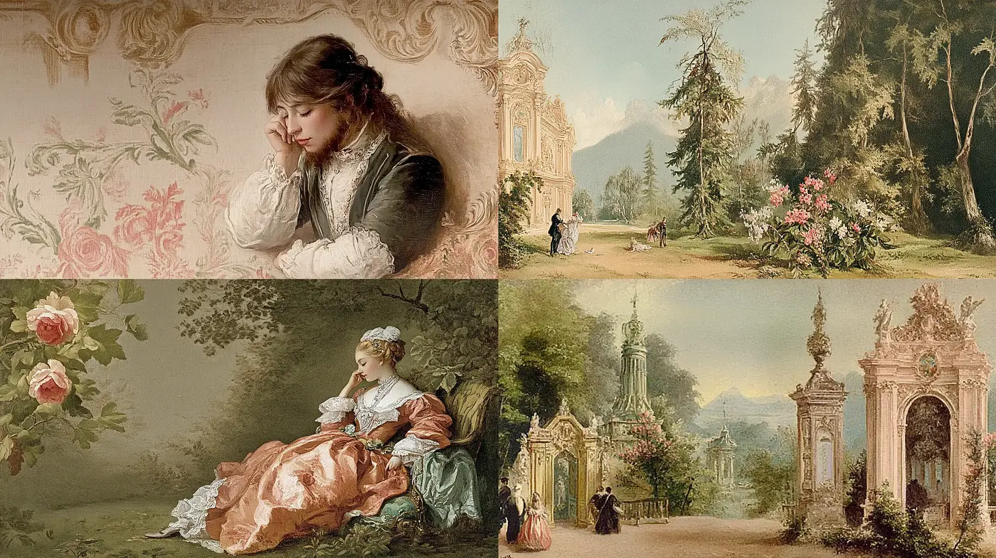 Romantic Era Pastoral Elegance with Rococo Influence - Midjourney sref style