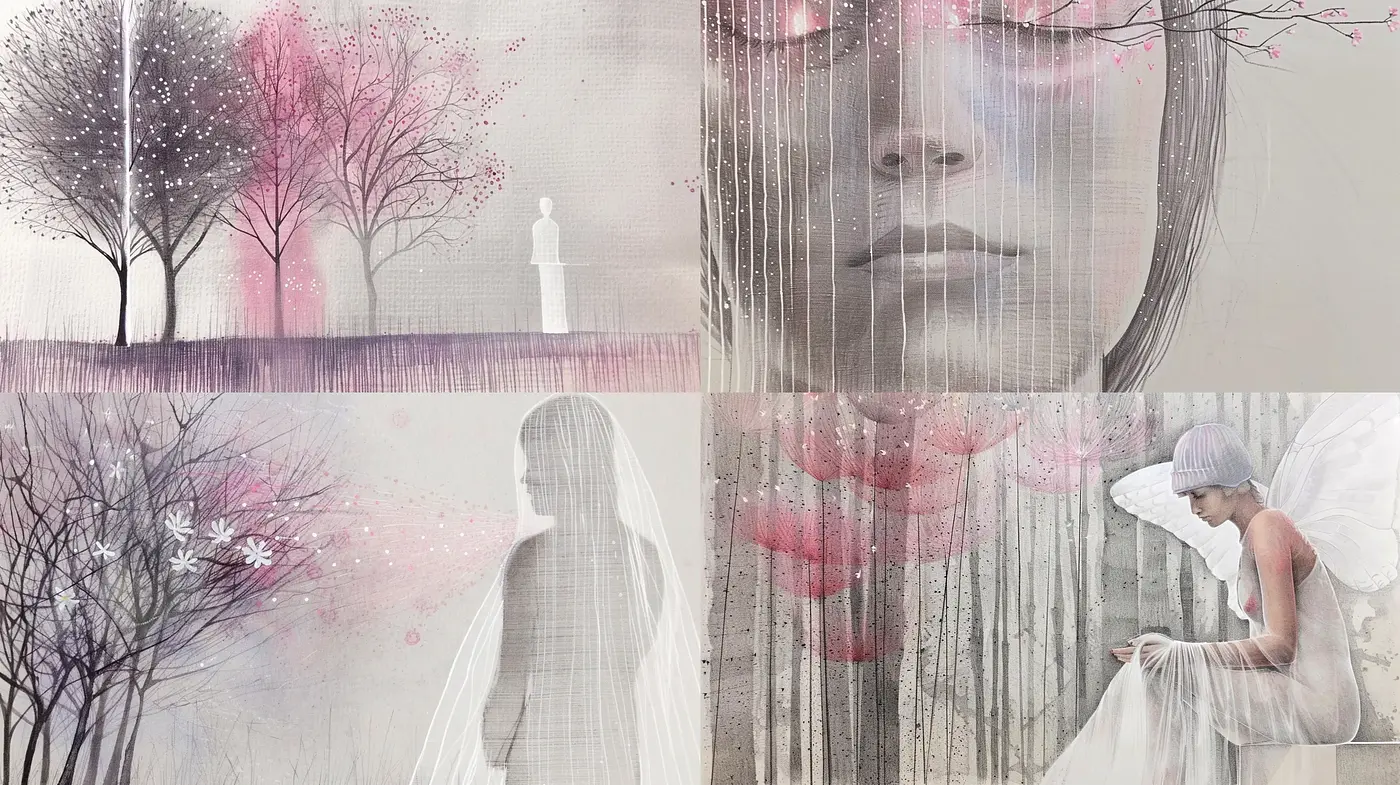 Ethereal Whispers of Nature in Monochromatic Hues with Splashes of Crimson - Midjourney sref style