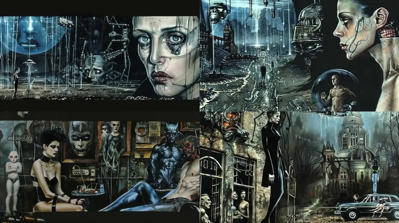 Neo-noir cyberpunk juxtaposition with gothic undertones - Midjourney sref style