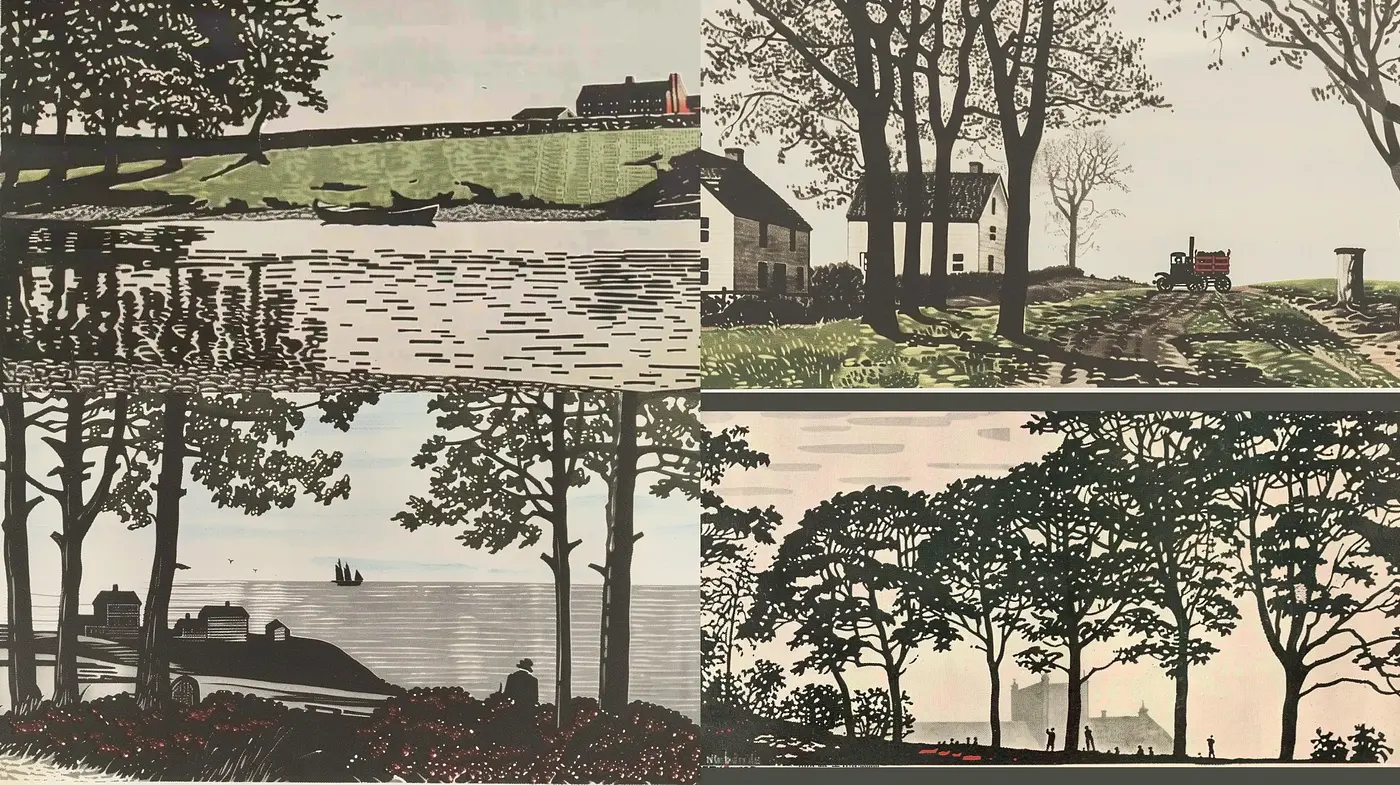 Serene Homesteads in Stylized Silhouette Artistry - Midjourney sref style