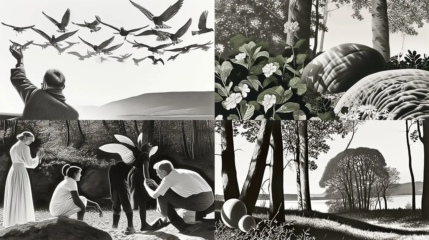 Monochromatic Serenity: A Harmony of Grayscale and Nature's Embellishments - Midjourney sref style
