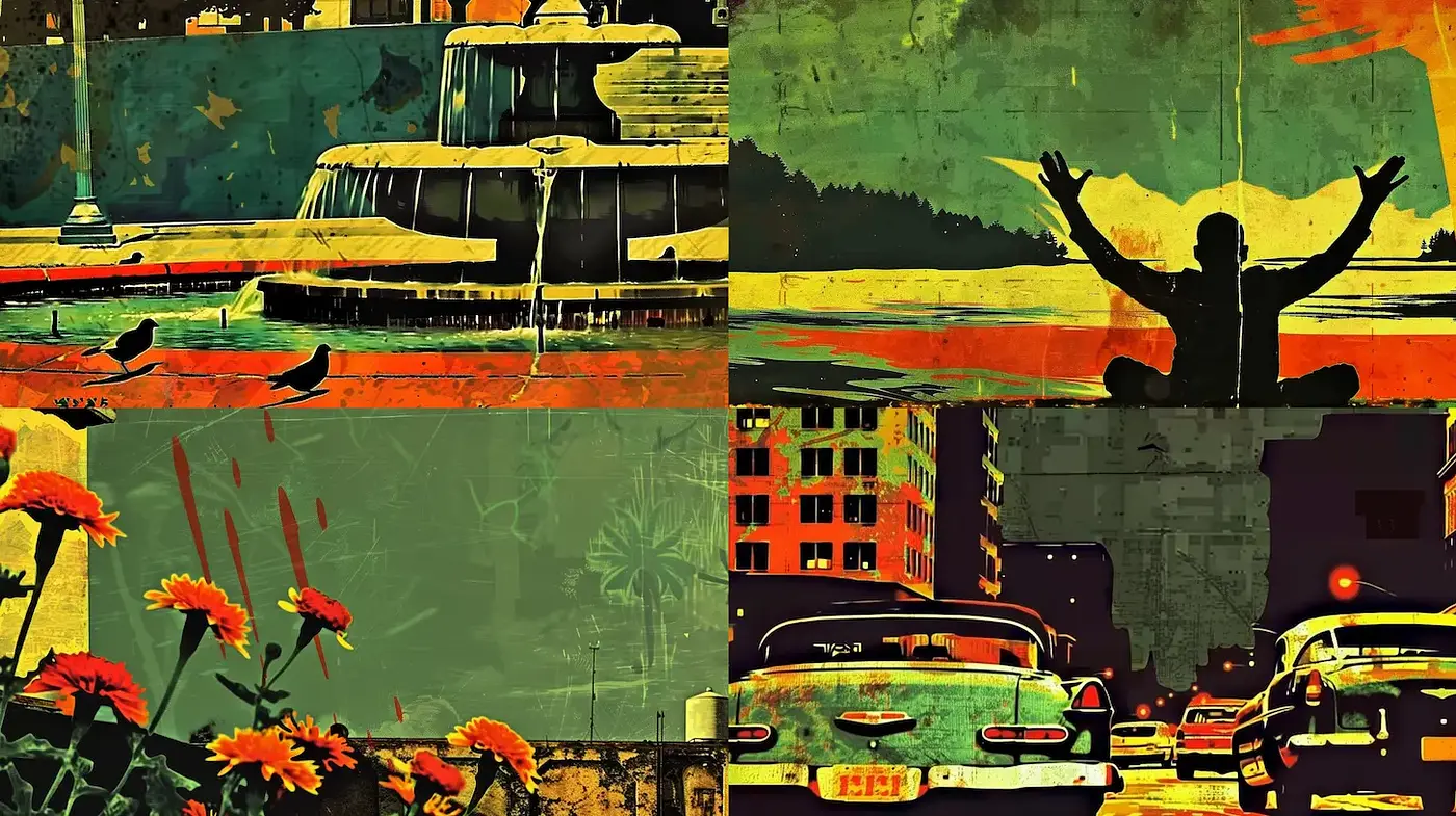 Vibrant Retro Urban Aesthetic with Textural Richness - Midjourney sref style