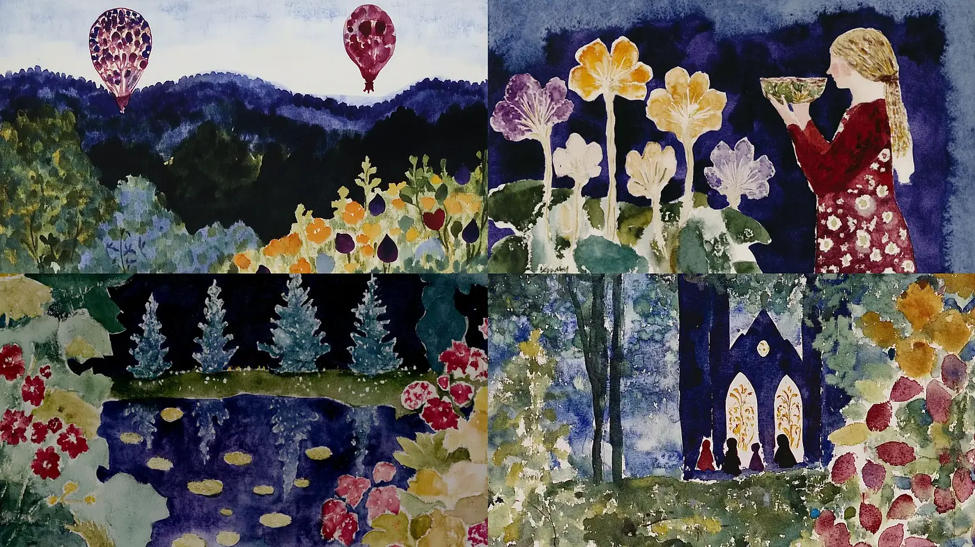 Enchanted Watercolor Dreamscape with Floral Overtones - Midjourney sref style