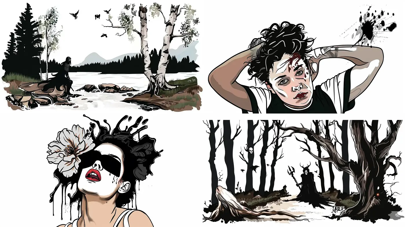 Monochromatic Elegance with Expressive Ink Splatters - Midjourney sref style