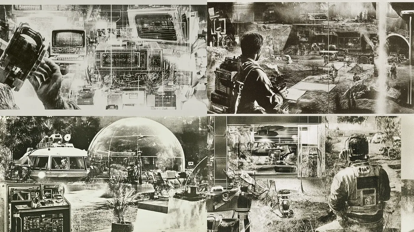 Sepia-toned Sci-fi Collage with Retro-Futuristic Sensibilities - Midjourney sref style