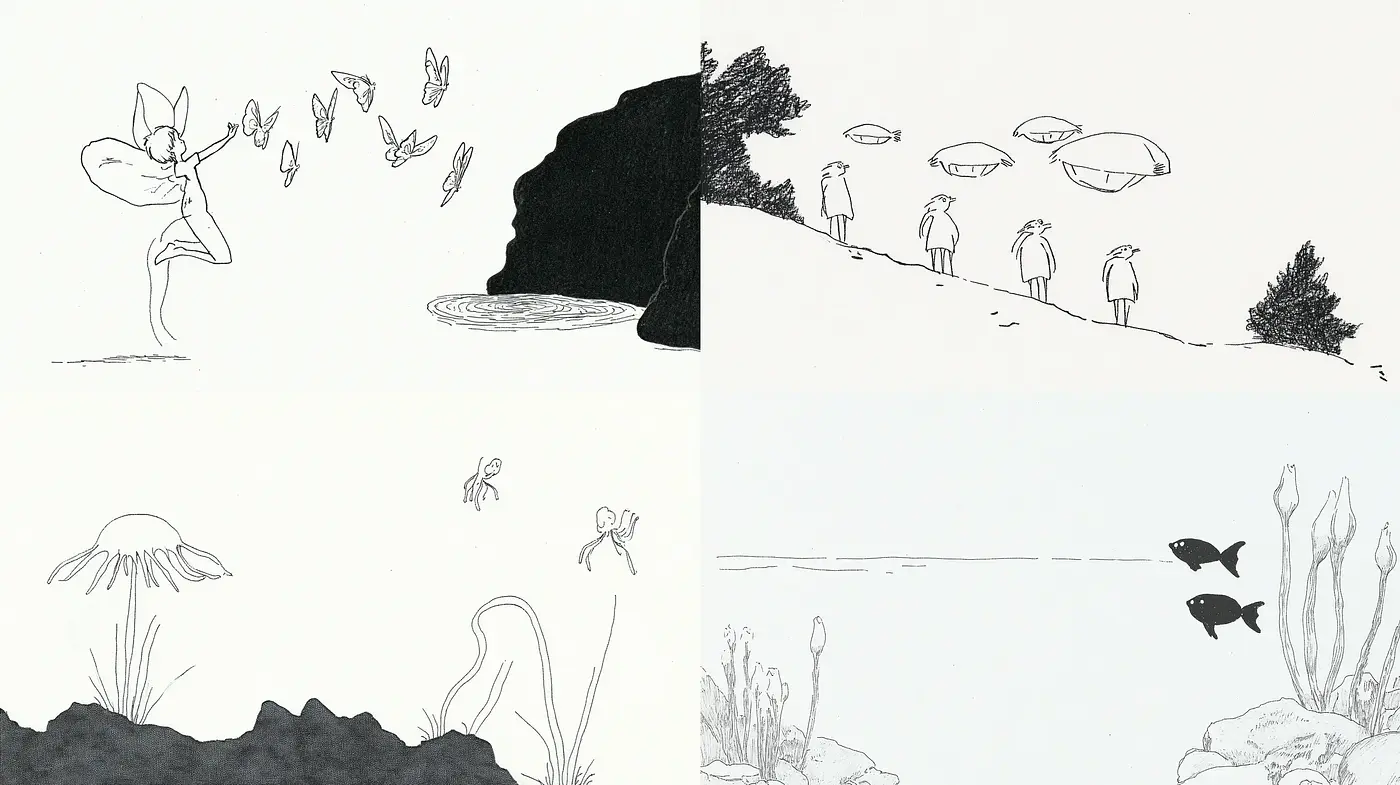 Monochromatic Ink Landscape Sketches with Surrealistic Flair - Midjourney sref style