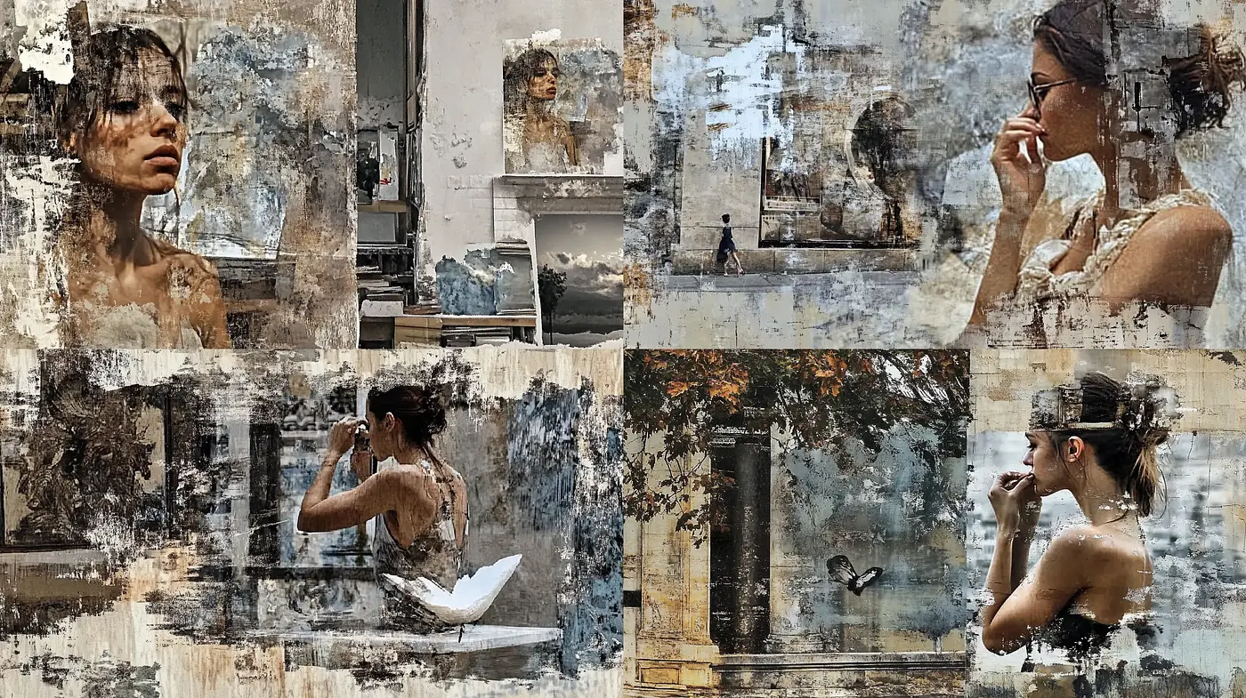 Fragments of Melancholy: A Surreal Photographic Collage - Midjourney sref style