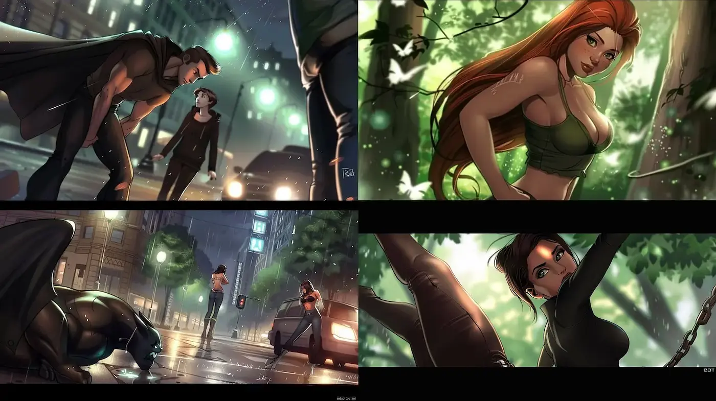 Dynamic and Atmospheric Urban Fantasy Art Style with Vibrant Character Designs - Midjourney sref style