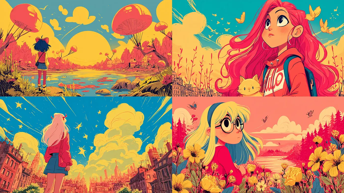 Vibrant, whimsical landscapes with a playful cartoon influence - Midjourney sref style
