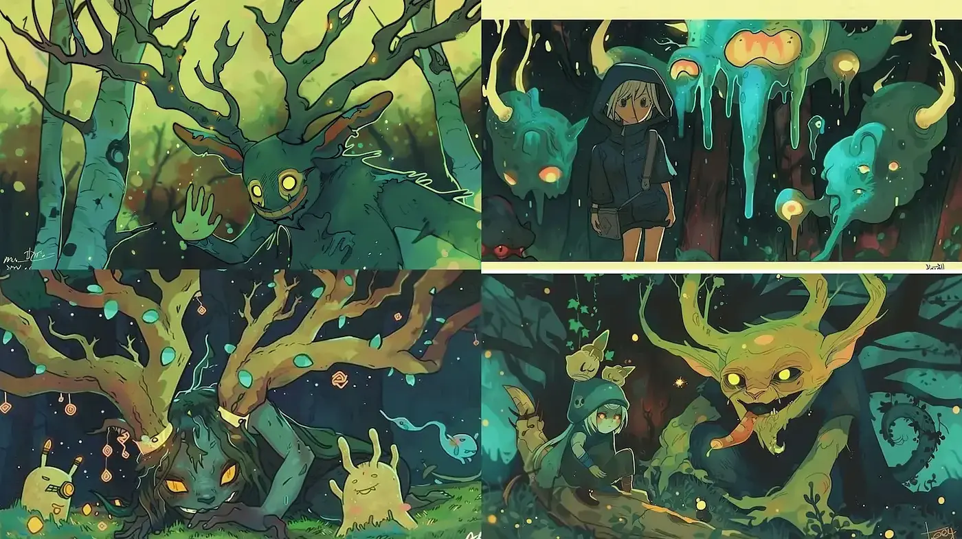 Whimsical and Enigmatic Deep Forest Adventure Art Style - Midjourney sref style
