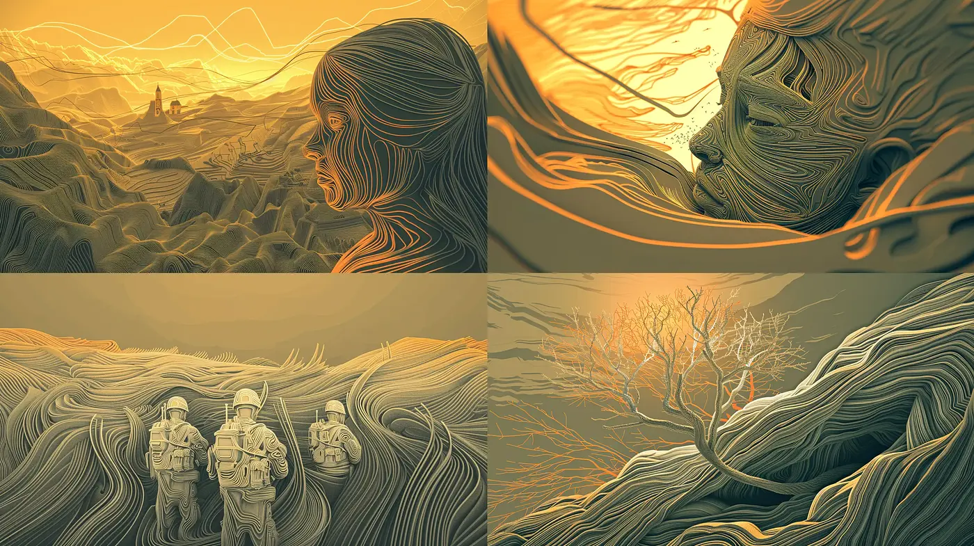 Surreal Amber Contours: A Harmonious Blend of Abstract Forms and Earthy Tones - Midjourney sref style