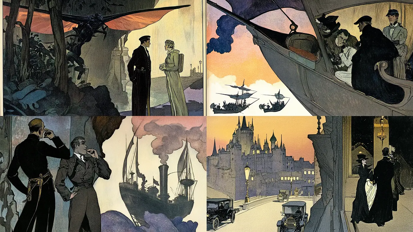 Twilight Elegance: A Nostalgic Tableau of Art Nouveau Dreamscapes - Midjourney sref style