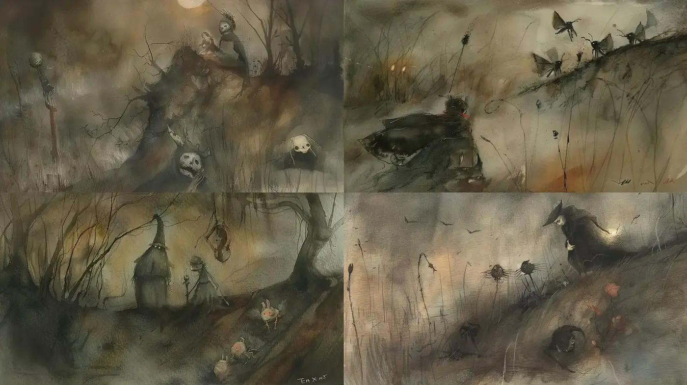 Eerie and atmospheric watercolor exploration with haunting themes - Midjourney sref style