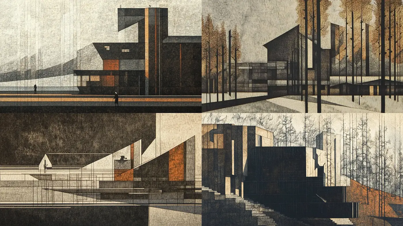 Textured Geometric Serenity: A Monochromatic Homage to Architectural Forms - Midjourney sref style