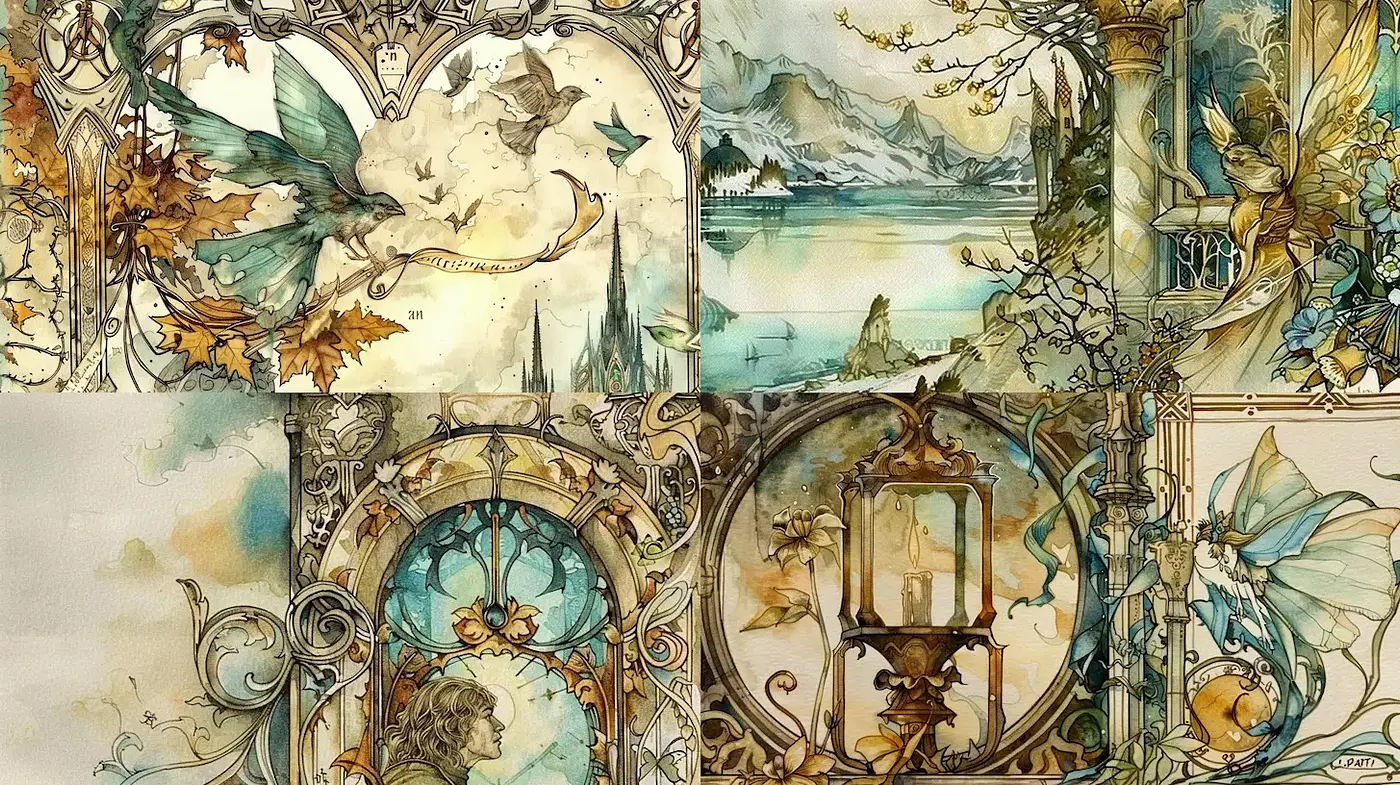 Ethereal Watercolor Illustrations with Art Nouveau Influences - Midjourney sref style