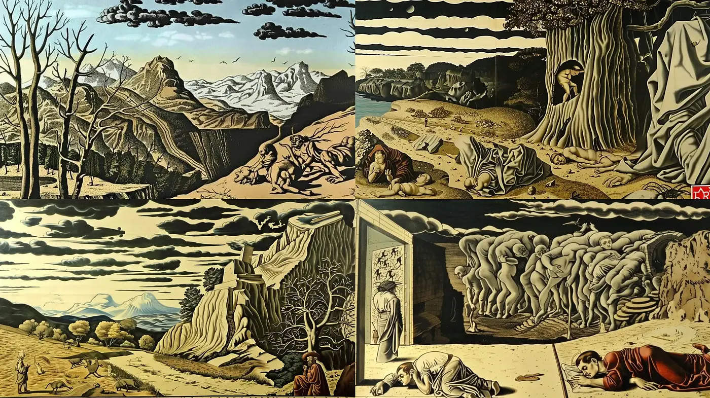 Surreal Landscape Echoes with a Classical Woodcut Aesthetic - Midjourney sref style