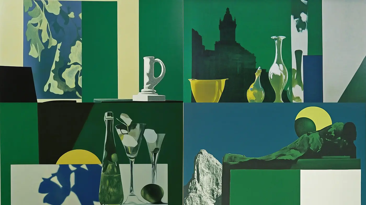 Geometric Abstraction in Serene Greens: A Study of Shape and Shadow - Midjourney sref style