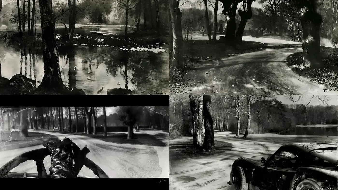 Moody Monochromatic Forest Landscapes with Dynamic Perspectives and Textured Depths - Midjourney sref style