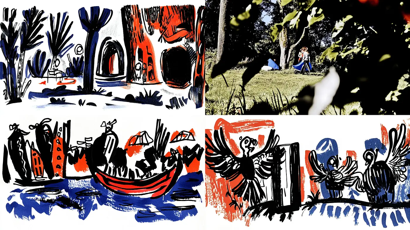 Expressive Brushstroke Dynamics with a Bold Red, Blue, and Black Trio - Midjourney sref style