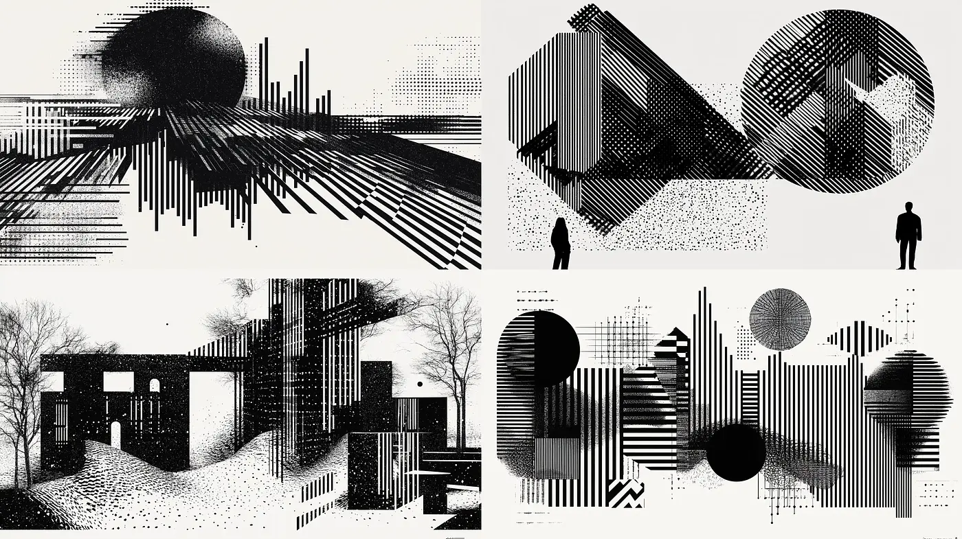 Monochromatic Geometric Abstraction Through Digital Lines - Midjourney sref style