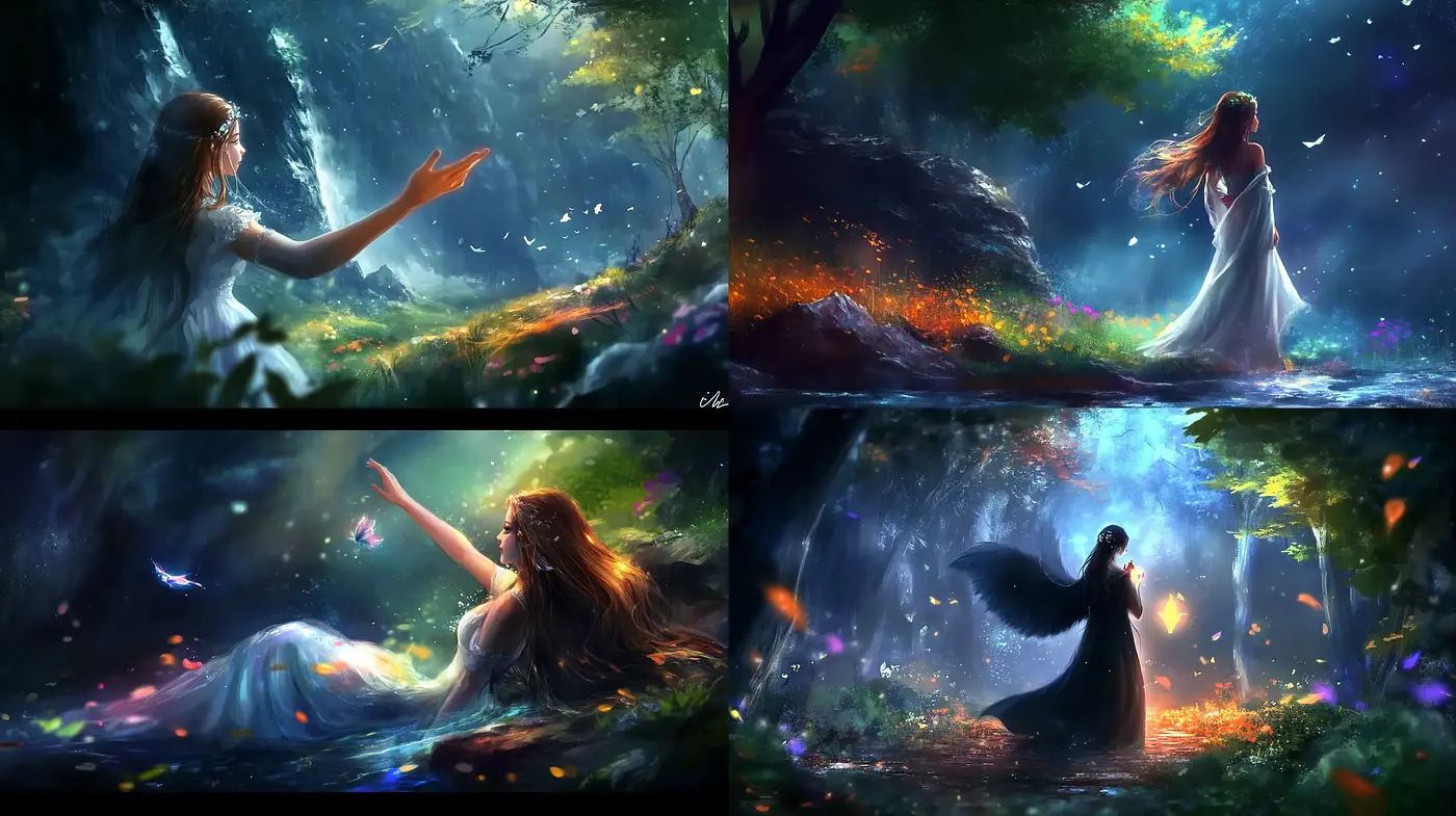 Enchanted Forest Reverie: A Fantastical Meld of Ethereal Light and Vivid Textures - Midjourney sref style