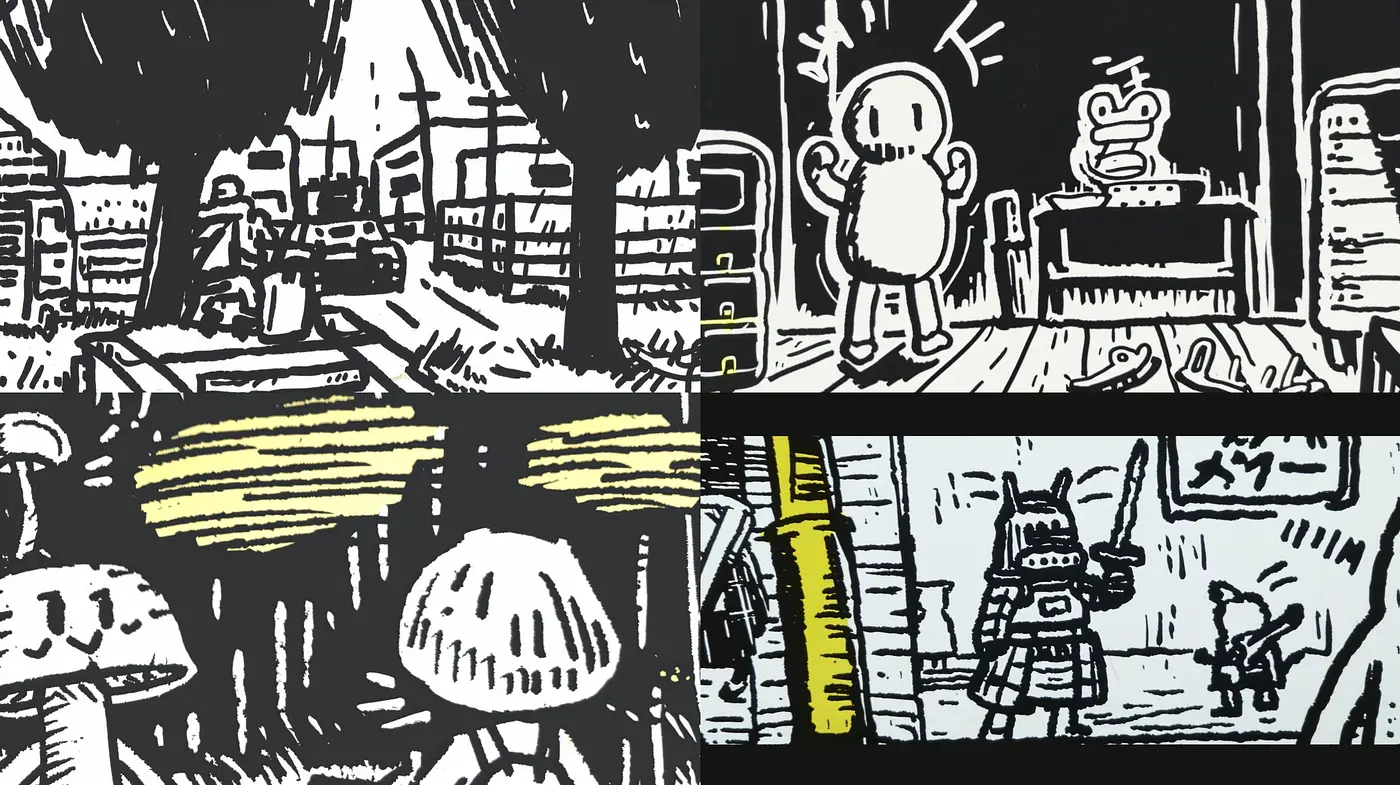 Monochromatic Ink Sketches with a Touch of Yellow: A Homage to the Abstract and the Industrial - Midjourney sref style