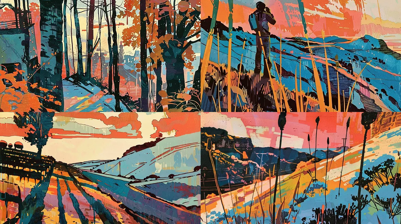 Vibrant Nostalgia: A Synchronized Palette of Expressive Abstraction Across Varied Landscapes - Midjourney sref style