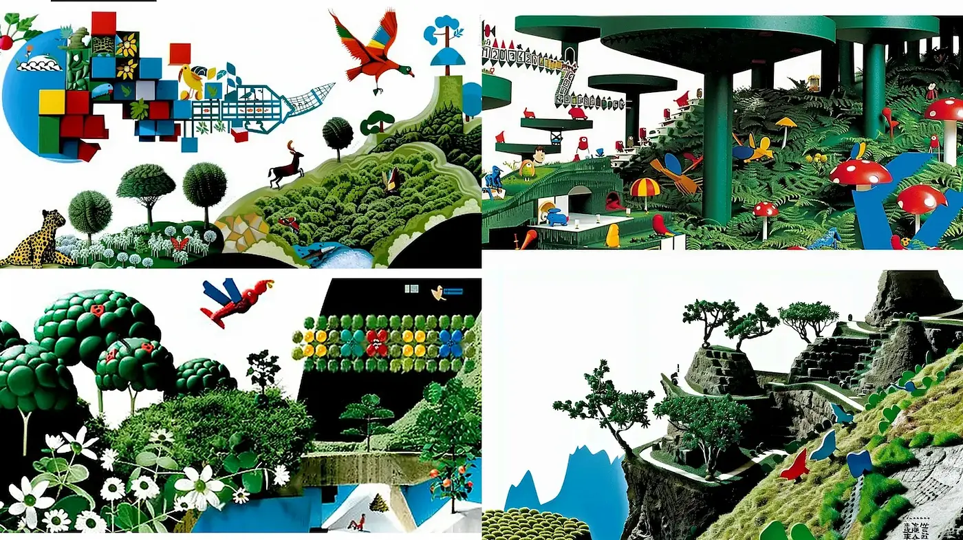 Vibrant and Whimsical Landscapes with Graphic Elements - Midjourney sref style