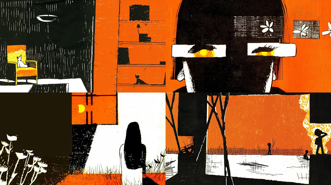 Stark Contrast and Textural Abstraction in a Monochrome and Orange World - Midjourney sref style