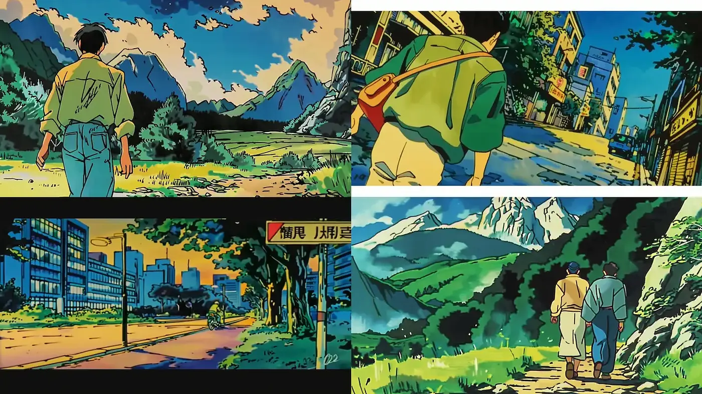 Vibrant, animated landscapes with a nostalgic and tranquil ambiance - Midjourney sref style