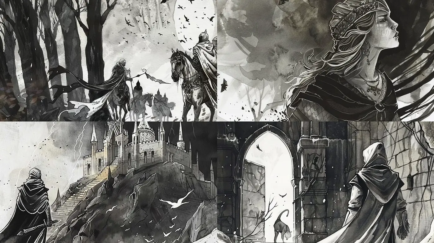Monochromatic Medieval Fantasy: A Homage to Ink Wash Paintings and Graphic Novels - Midjourney sref style