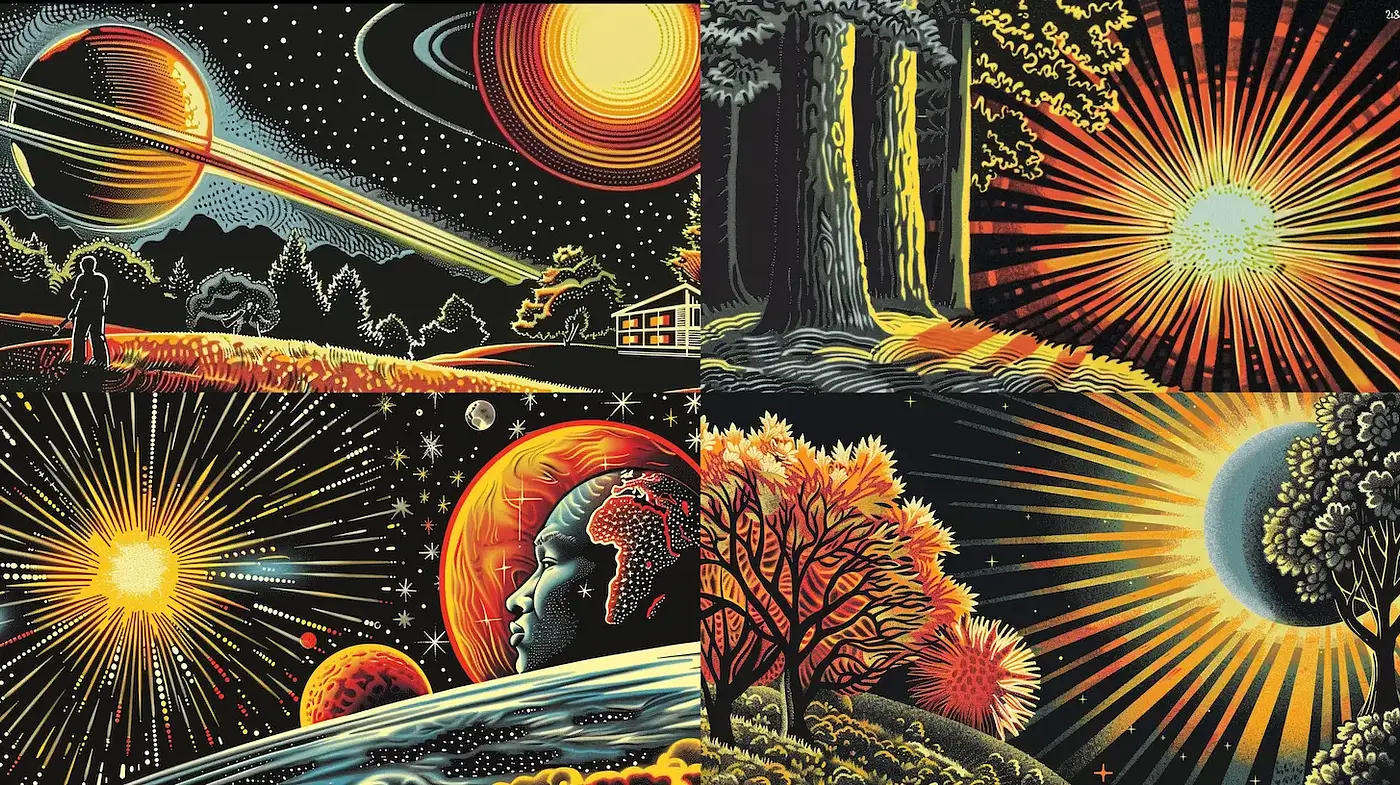Cosmic Nature with Surreal Elements in Vivid Contrast - Midjourney sref style