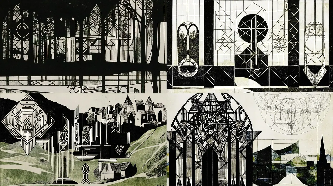 Monochromatic Geometric Precision in a Surreal Architectural Dreamscape - Midjourney sref style