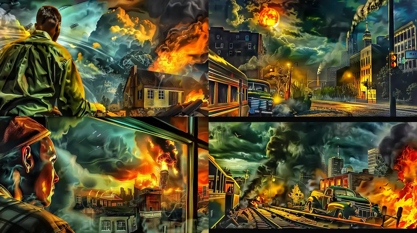 Dramatic and Intense Depictions of Urban Crisis - Midjourney sref style