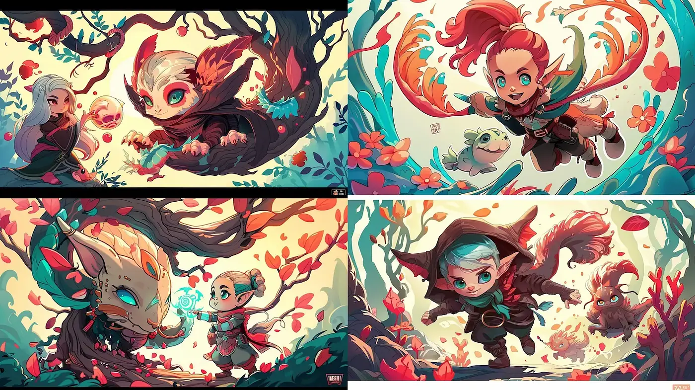 Whimsical Fantasy Art with Lush Colors and Dynamic Characters - Midjourney sref style