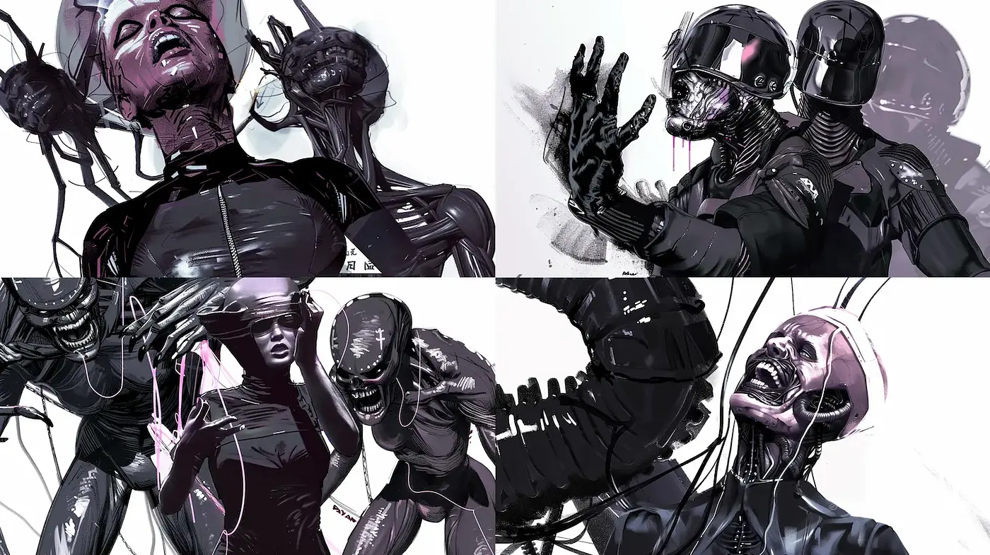 Futuristic and Disturbing Cybernetic Aesthetic with a Dark Palette - Midjourney sref style