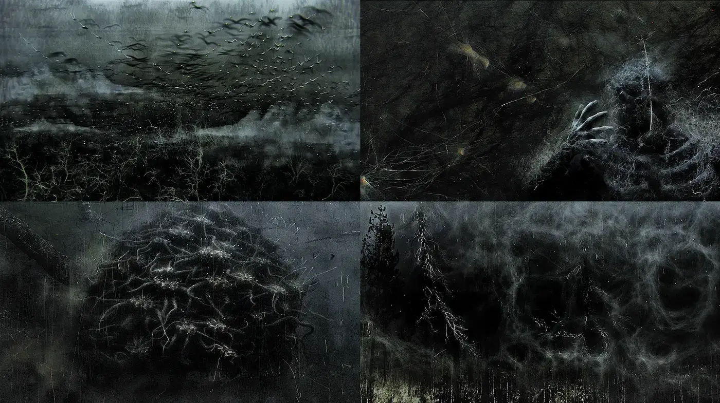 Dark and Ethereal Landscapes with Mysterious Textures - Midjourney sref style