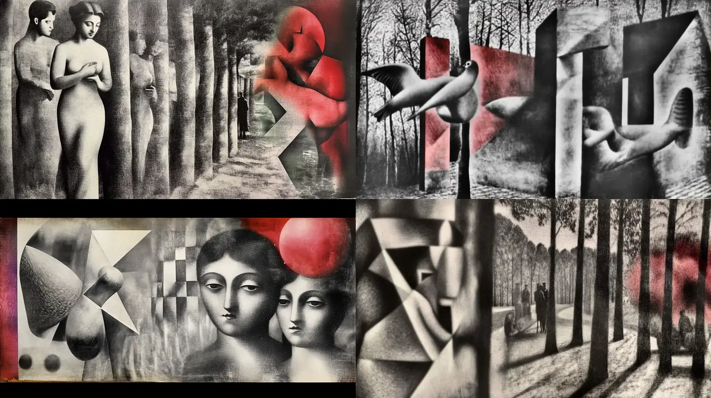 Surrealist Dreamscape with Monochromatic Undertones and Bold Accents - Midjourney sref style