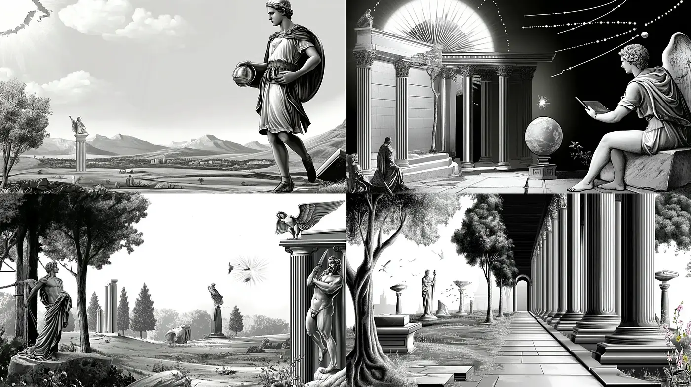 Timeless Elegance of Greco-Roman Inspired Monochrome Vistas - Midjourney sref style