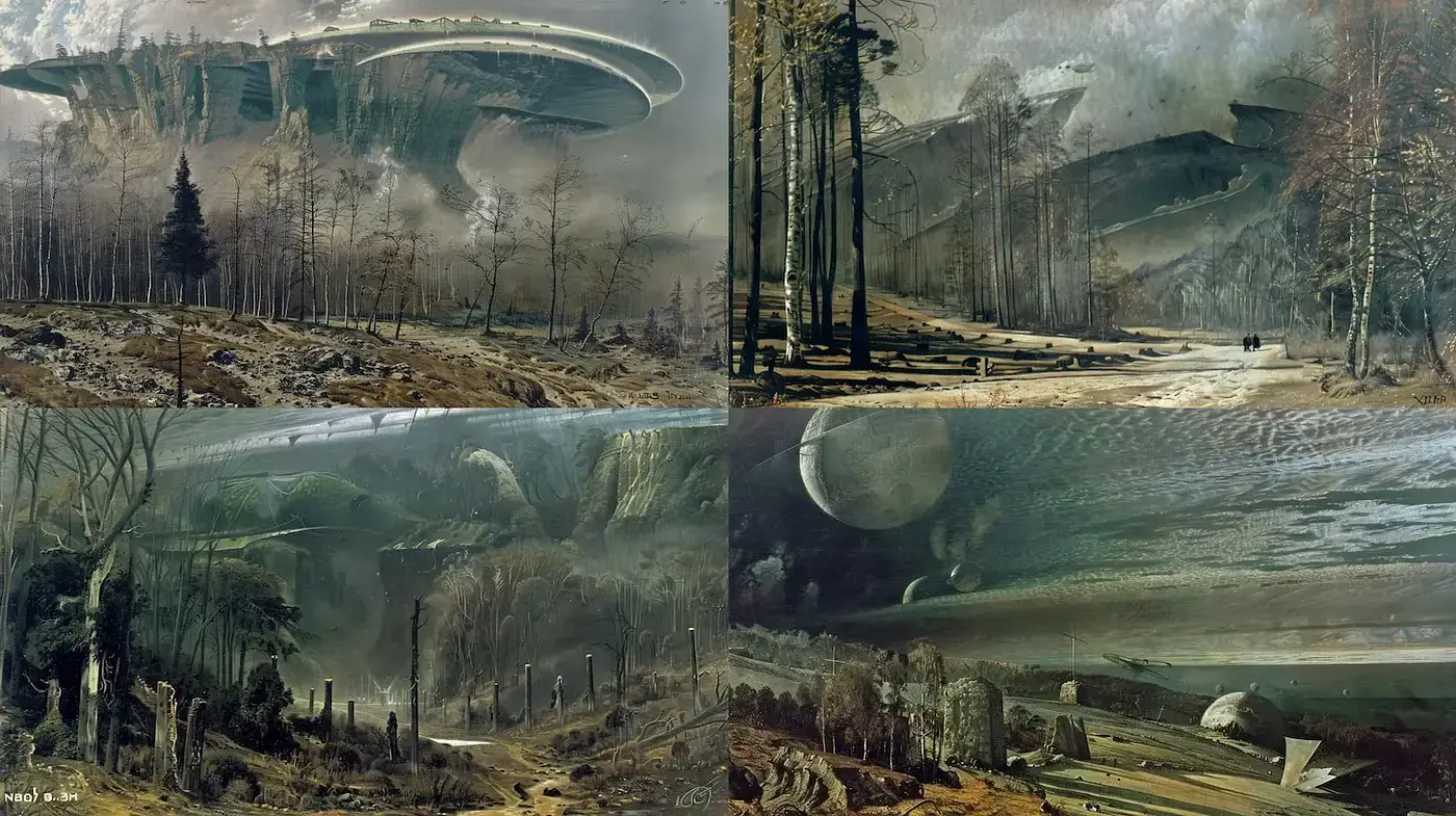 Surreal and Atmospheric Sci-Fi Landscapes with a Retro Aesthetic - Midjourney sref style