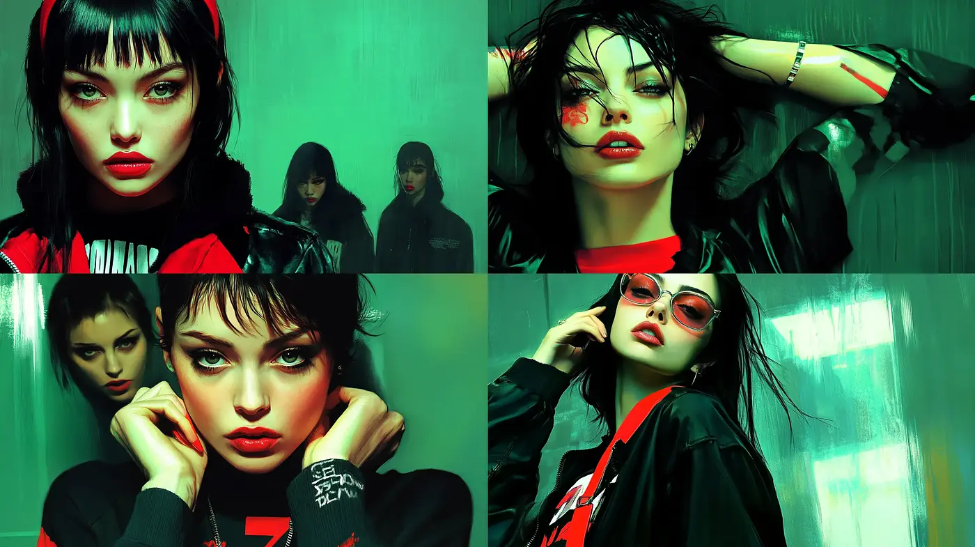 Cyberpunk Noir: Luminous Urban Elegance in Deep Shades of Teal and Crimson - Midjourney sref style