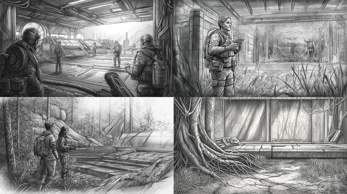 Monochromatic Sci-Fi Conceptual Art with a Pencil-Sketched Aesthetic - Midjourney sref style